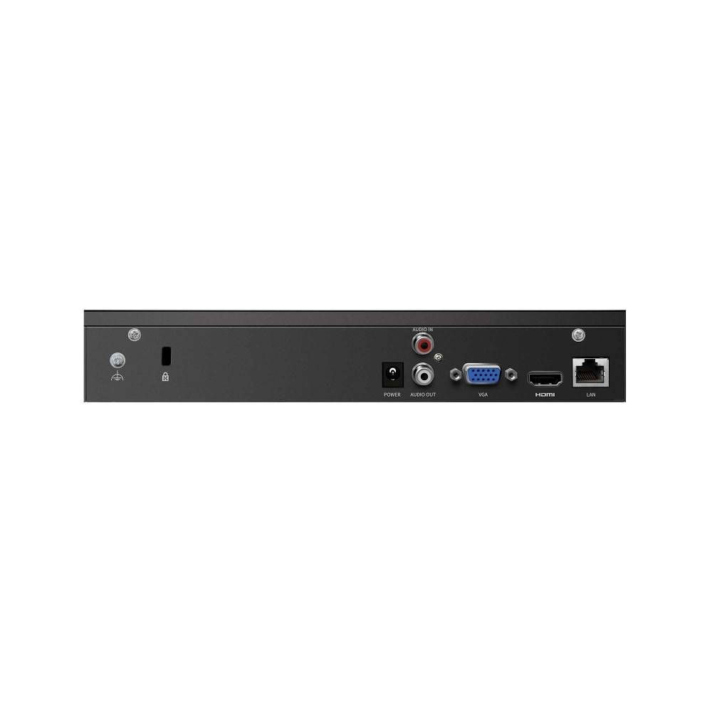 Achterpaneel van een apparaat met stroomingang, audio-uitgang, VGA, HDMI en LAN-poorten, plus een vergrendelingschakelaar en kleine bedieningselementen.