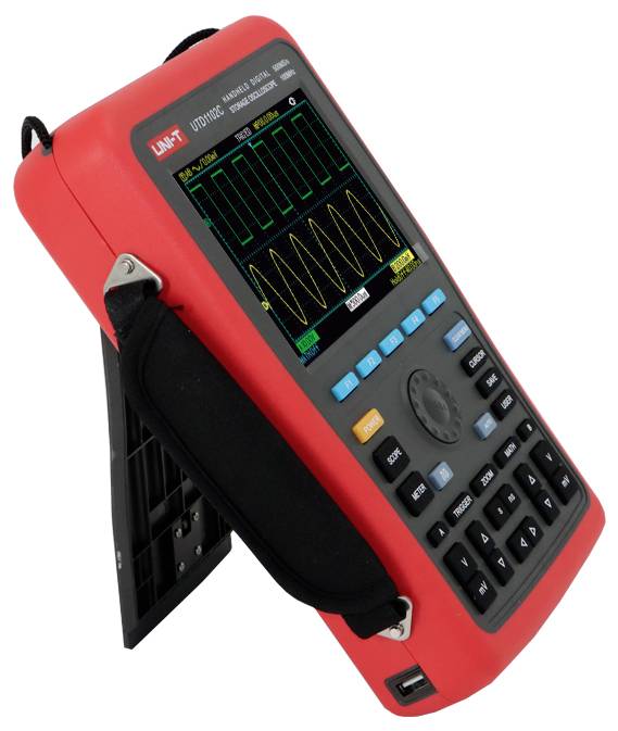 Handheld Uni-T digitale oscilloscoop-achtige tester met golfvormgrafieken op het kleurenscherm, toetsenblok en beschermende rode koffer.