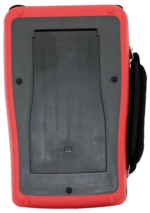 Rood en zwart handheld elektronisch apparaat weergegeven van achteren, met een centrale batterijkamer en zijdelingse riem.