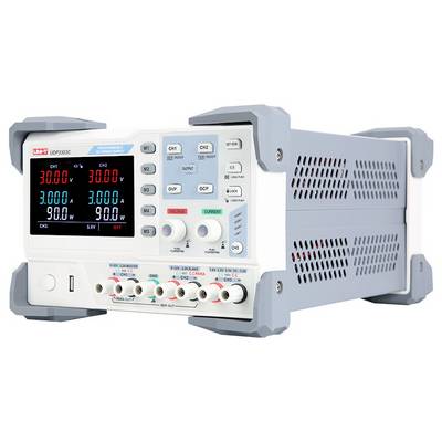 Digitale dual-channel gelijkstroomvoeding met frontdisplay dat spanning-, stroom- en vermogenwaarden toont, plus regelbare uitgangsknoppen en aansluitingen.