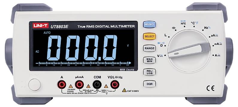 Vooraanzicht van een UNI-T UT803E digitale multimeter met een 000.0-weergave op het display, met zichtbare selectieschijf en ingangsklemmen.