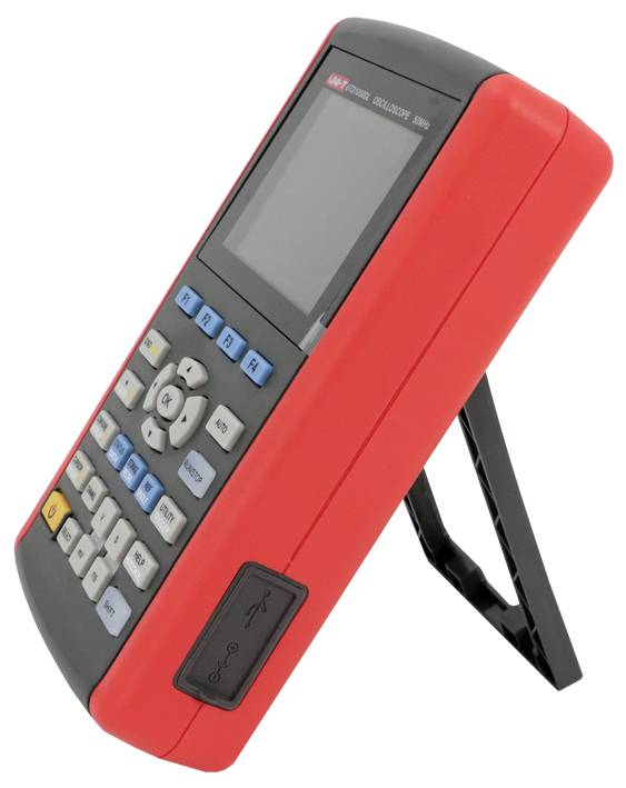 Draagbaar handheld elektronisch testapparaat met scherm, toetsenbord en uitklapbare standaard, afgebeeld in rood en zwart.