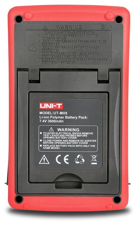 Achterkant van een rode handheld-meter met een zwart lithium-ionbatterijpakket-compartiment gelabeld 'UNI-T' en waarschuwingsinstructies.