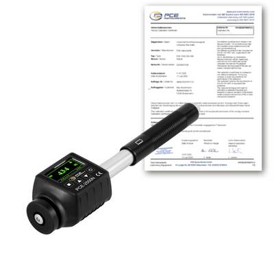 Handheld digitaal meetinstrument met verlicht display weergegeven voor een productcertificaatdocument.
