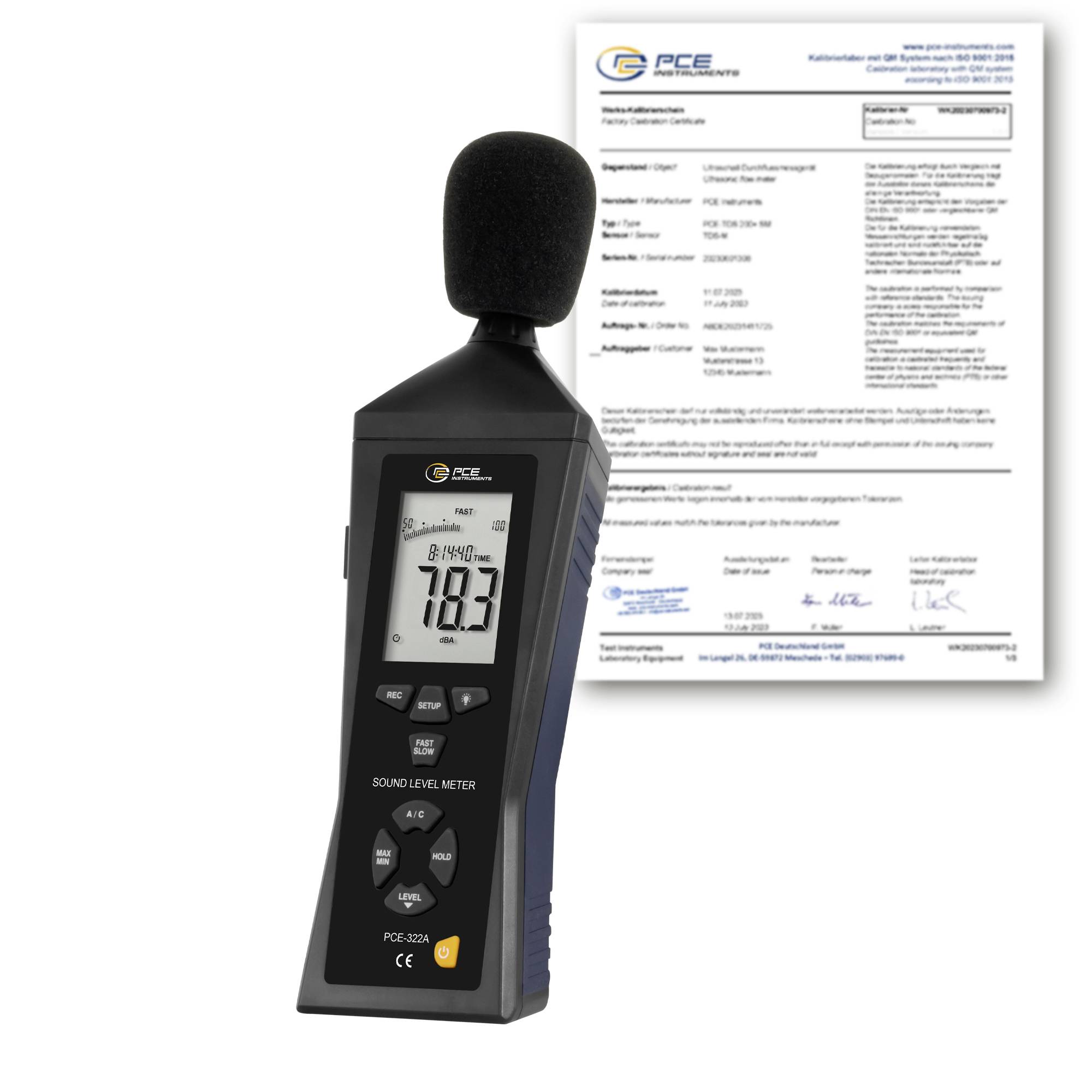 Geluidniveaumeter met schuimrubber microfoon displayaanduiding 78,3 dB, weergegeven voor een kalibratiecertificaat.
