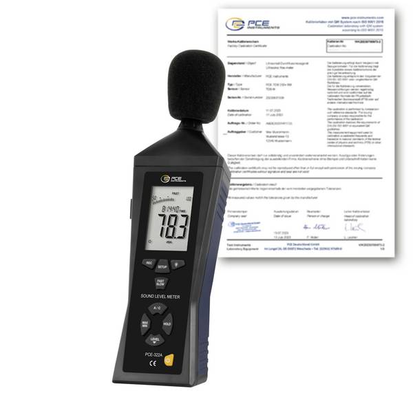 PCE Instruments PCE-322A-ICA Decibelmeter Kalibratie (ISO) Datalogger 30 - 130 dB 31.5 Hz - 8 kHz Mini-USB, Analoog, Jackplug-bus 3,5 mm