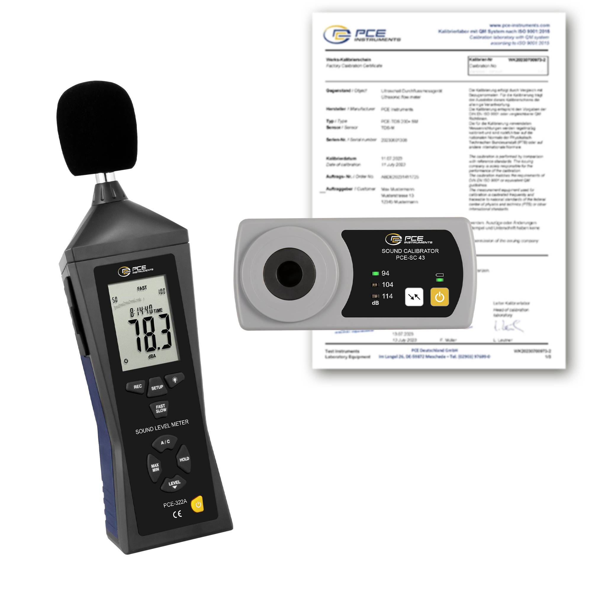 Geluidsniveaumeter en kalibreerder met kalibratiecertificaat, met een handheld decibelimeter die 78,3 dB aangeeft.