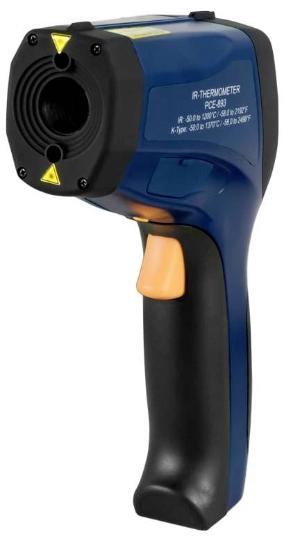 Handheld infrarode thermometerpistool met blauw en zwart lichaam en oranje trekker, weergegeven op een witte achtergrond.