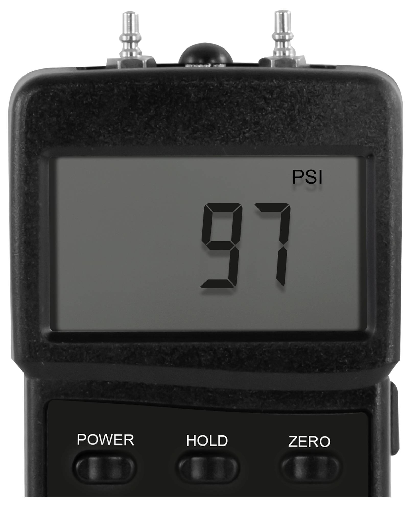 Digitale drukmanometer die 97 PSI aangeeft op een zwart handheld apparaat met POWER-, HOLD- en ZERO-knoppen.