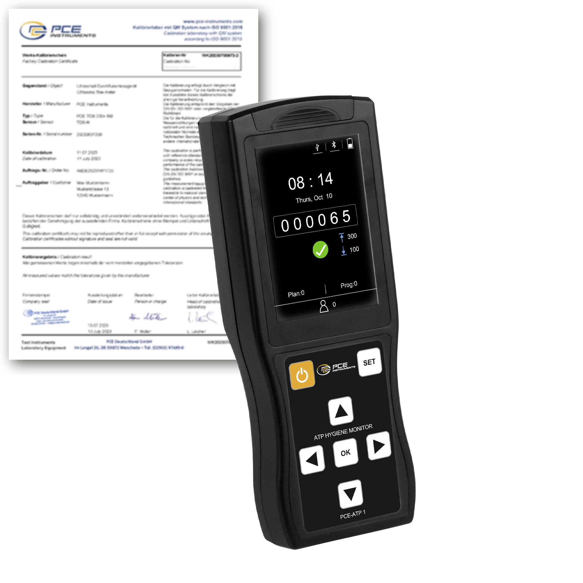 Handheld PCE-testinstrument met display en toetsenbord voor een kalibrtatiecertificaat van PCE Instruments.