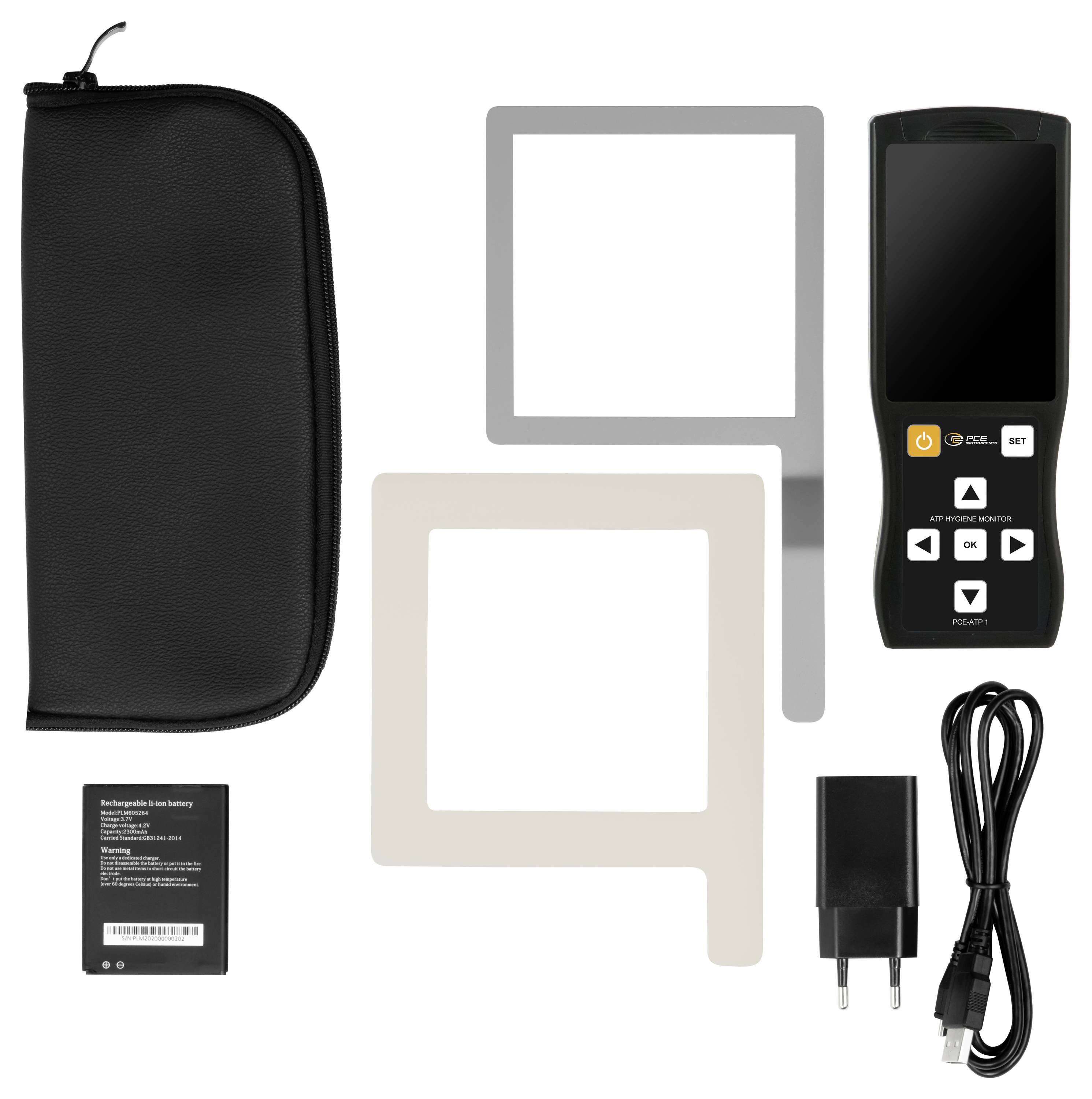 Draagbare digitale drukmanometer-set met draagtas, twee adapters, lader, USB-kabel en batterij inbegrepen.