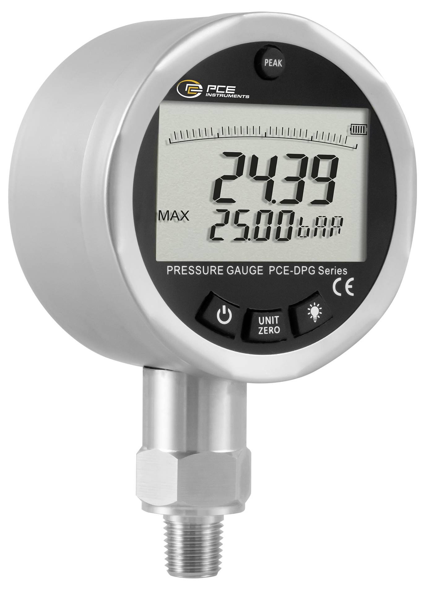 Digitale drukmanometer met een weergave van 24.39 en een maximum van 25.00 bar, met een schroefdraad metalen connector en PCE Instruments branding.