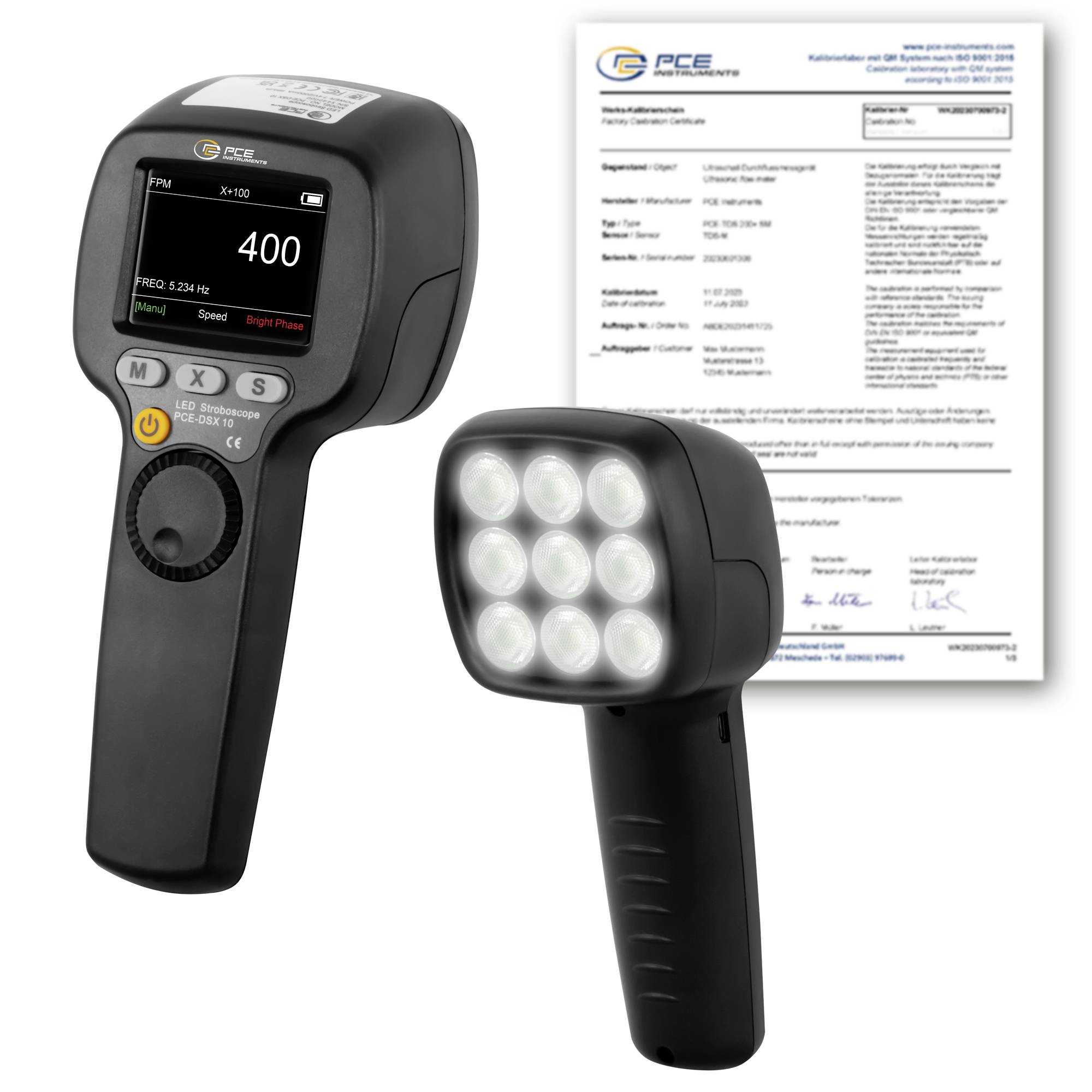 Draagbare PCE X100 lichtmeter met digitaal display en een aparte inspectielamp, weergegeven met een kalibratiecertificaat erachter.