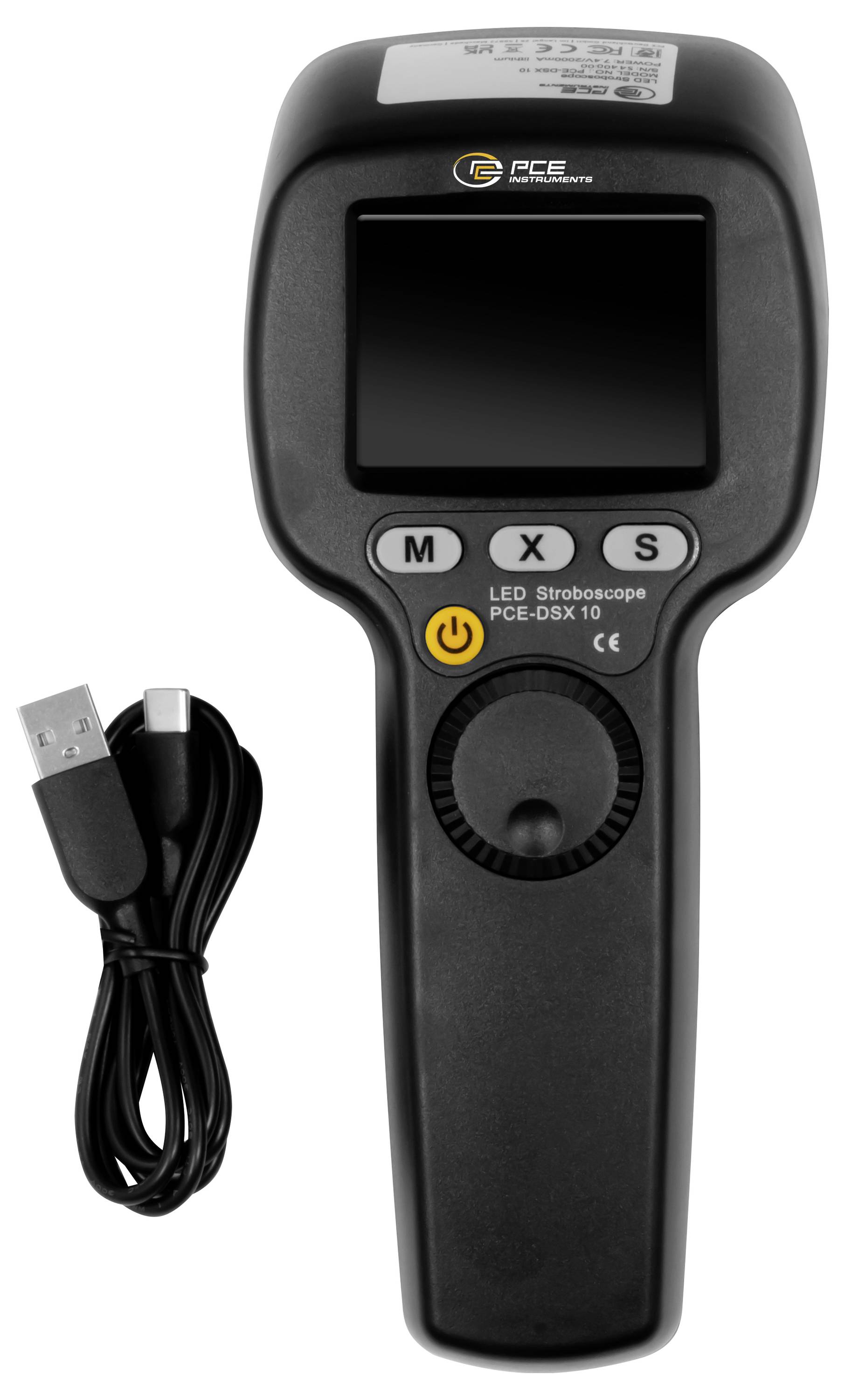 Handheld LCD borescoop inspectiecamera met bedieningsknoppen, sondenschijf en bijgeleverde USB-kabel.