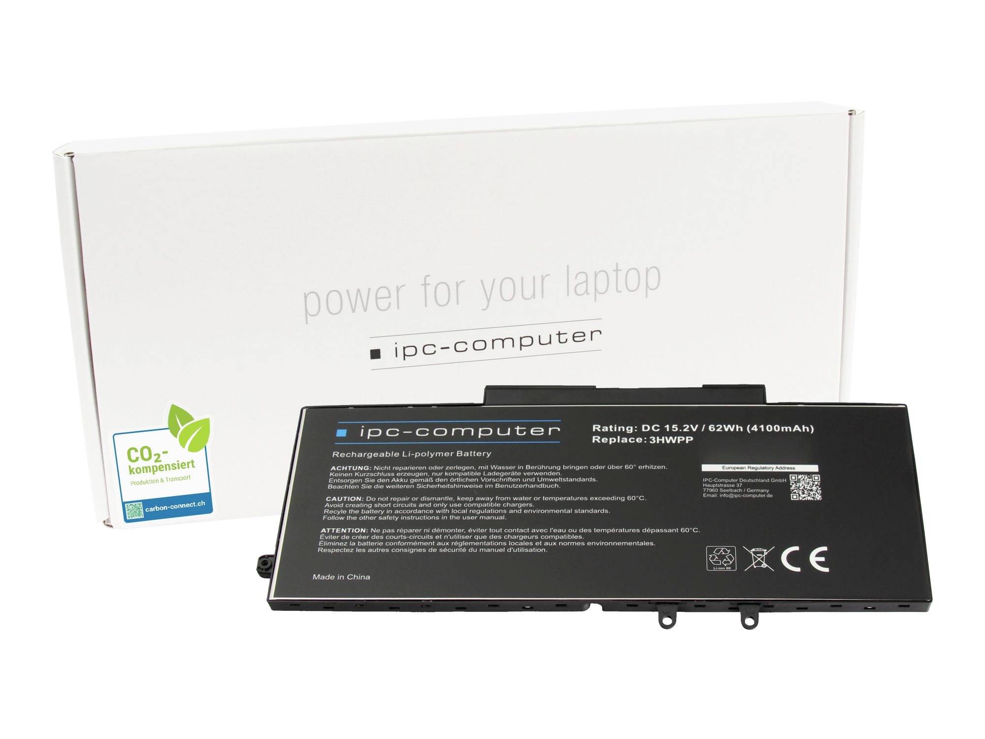 Laptopbatterijpakket voor een witte 'power for your laptop'-doos, gelabeld IPC-computer, met compatibiliteit- en specificatiegegevens.