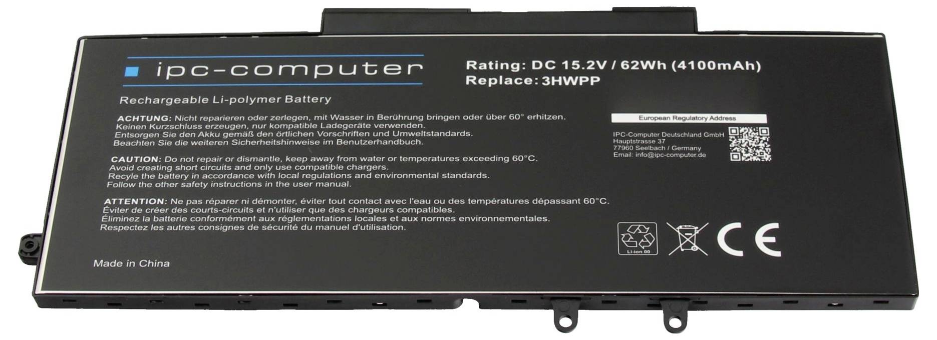 Zwarte IPC-computer oplaadbare lithium-polymeer batterij gelabeld 'Rating: DC 15.2V / 62Wh (4100mAh)' met waarschuwingstekst en certificeringspictogrammen.