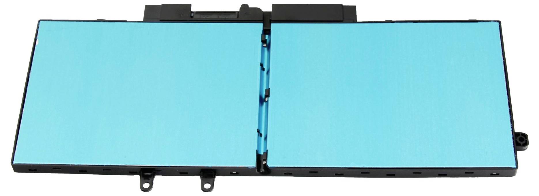 Open laptopbatterijpakket met twee turquoise cellen naast elkaar verbonden op een witte achtergrond.