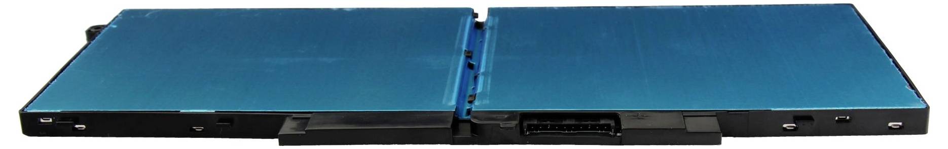 Een blauwe, open clamshell-handheldspeelconsole of draagbaar apparaat van bovenaf gesloten-plat weergegeven, met een zichtbare scharnier en connectors langs de onderste rand.