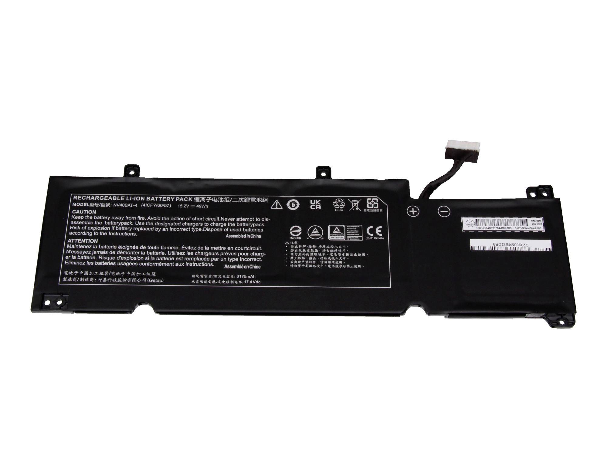 Zwarte oplaadbare lithium-ionaccu voor laptop met aansluitingskabel en waarschuwingsetiketten op een witte achtergrond.