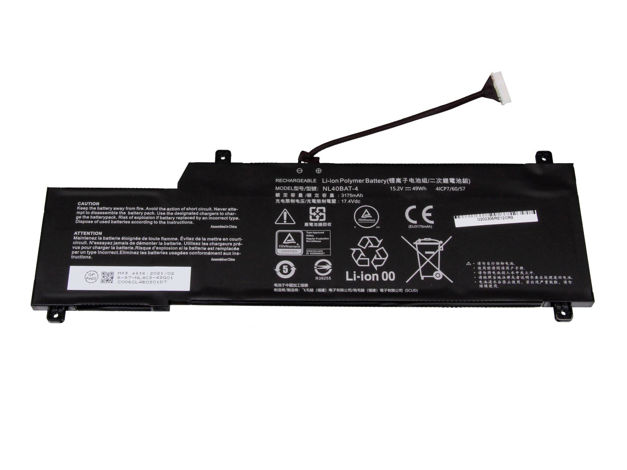Zwarte laptop vervangingsbatterij lithium-ion accu's met aangesloten kabel en connector, weergegeven op een witte achtergrond.