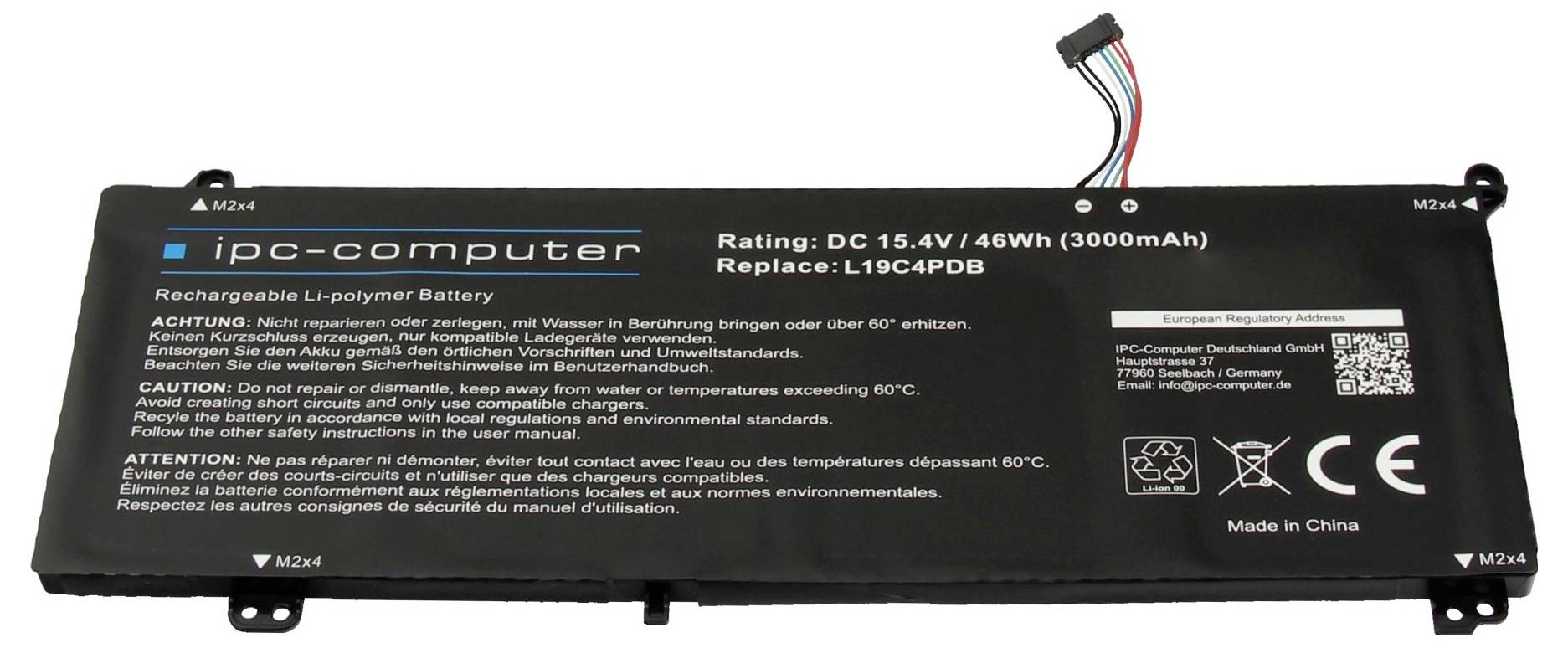 Zwarte vervangingsbatterij voor laptop met label 'ipc-computer', nominaal DC 15,4V 46Wh (3000mAh), met aansluitkabels eraan bevestigd.
