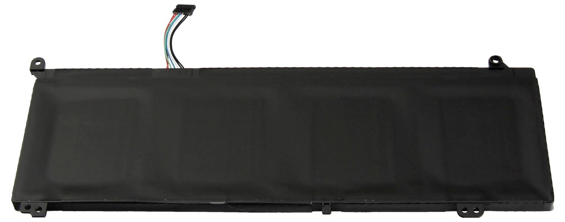 Zwarte rechthoekige laptopbatterijpack met aansluitkabel en bevestigingstabbladen, weergegeven op een witte achtergrond.