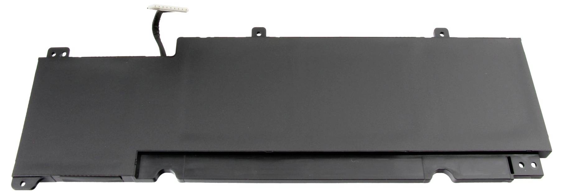 Zwarte rechthoekige batterijpack voor laptop met montagetabs en connector, weergegeven op een witte achtergrond.