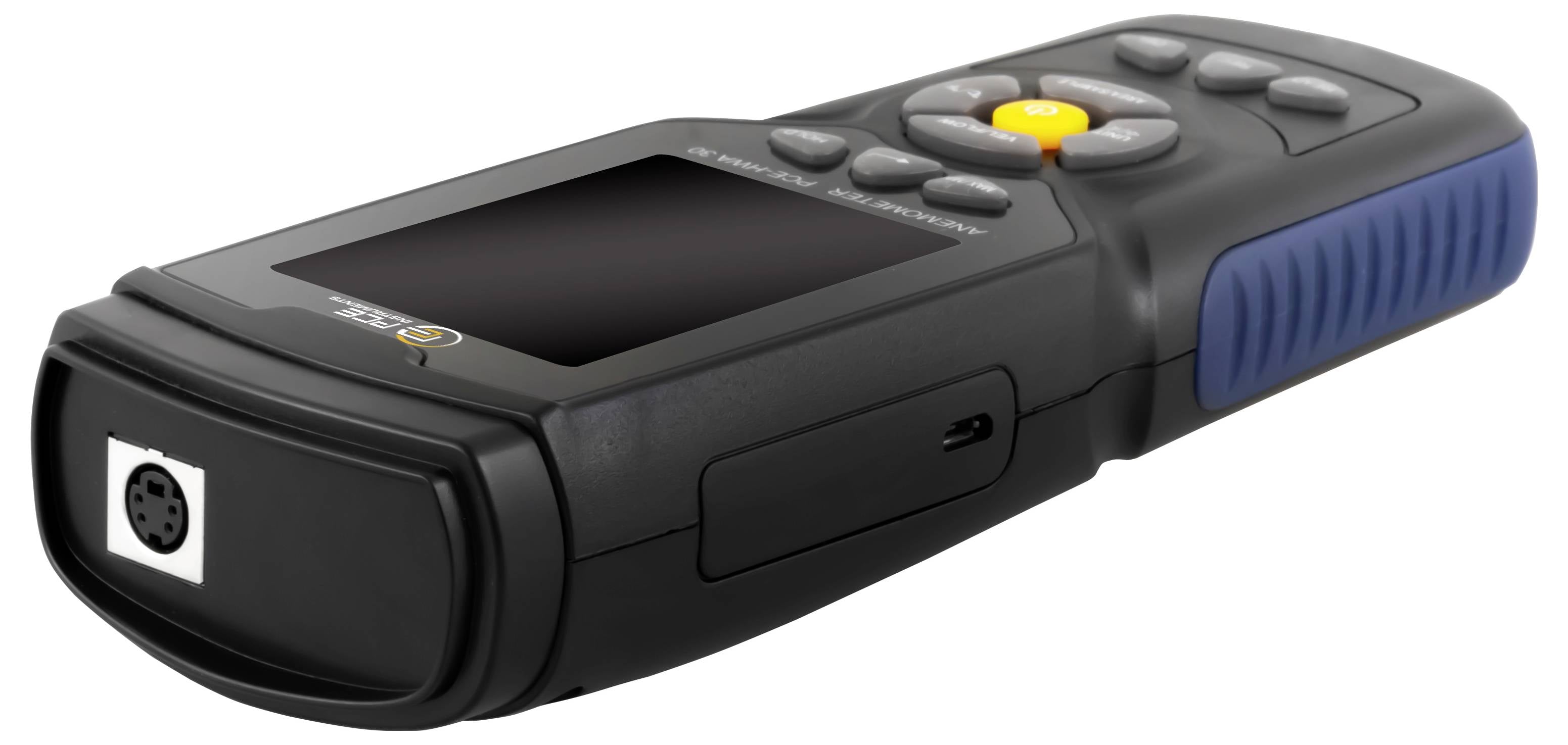 Handheld thermische beeldvormingscamera met lens en bedieningsknoppen, weergegeven in zijaanzicht op een witte achtergrond.