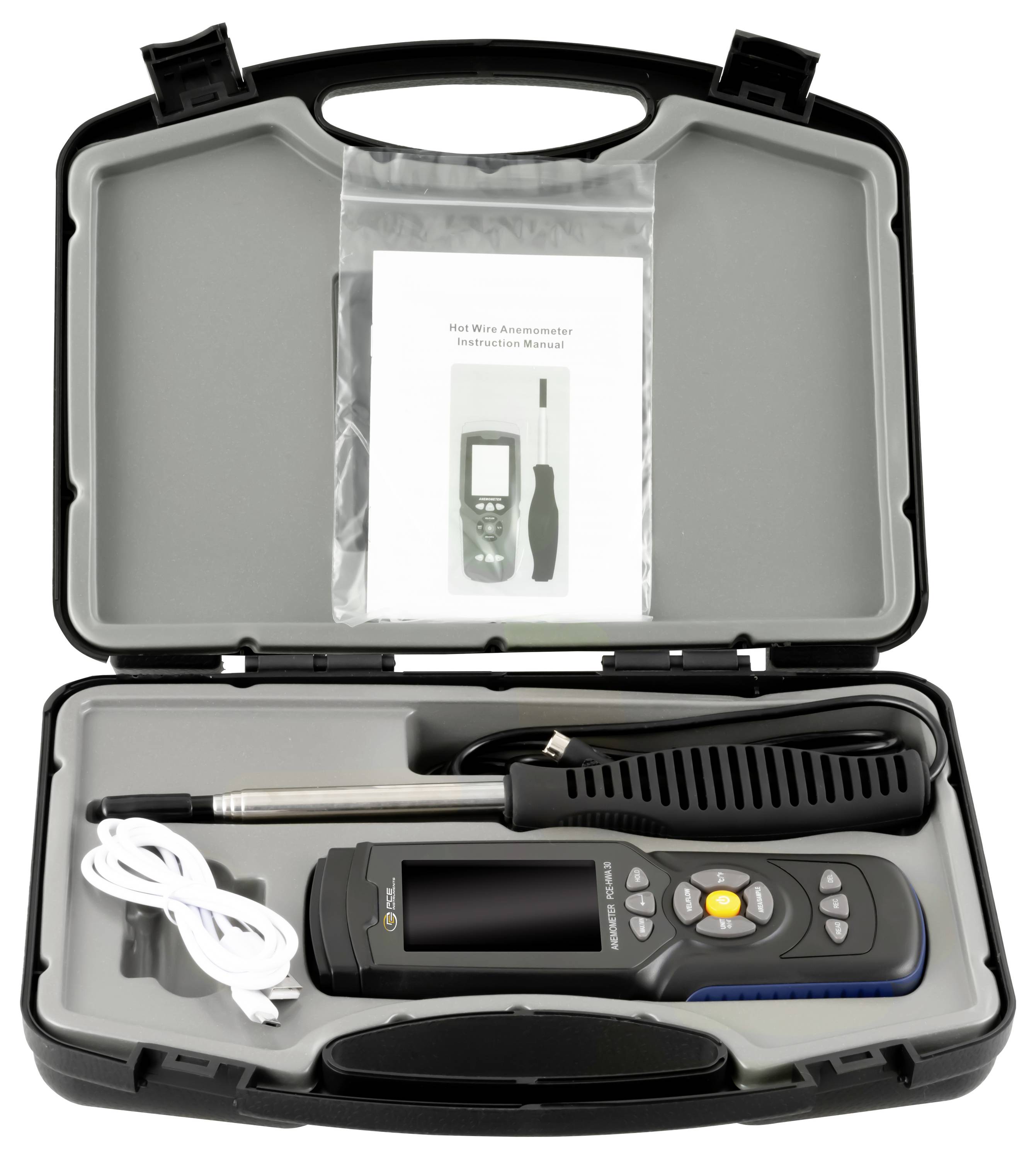 Open hardcase met een warmwiredraad anemometer kit, inclusief het handmeter, probe, spiraalkabel en instructiehandleiding.