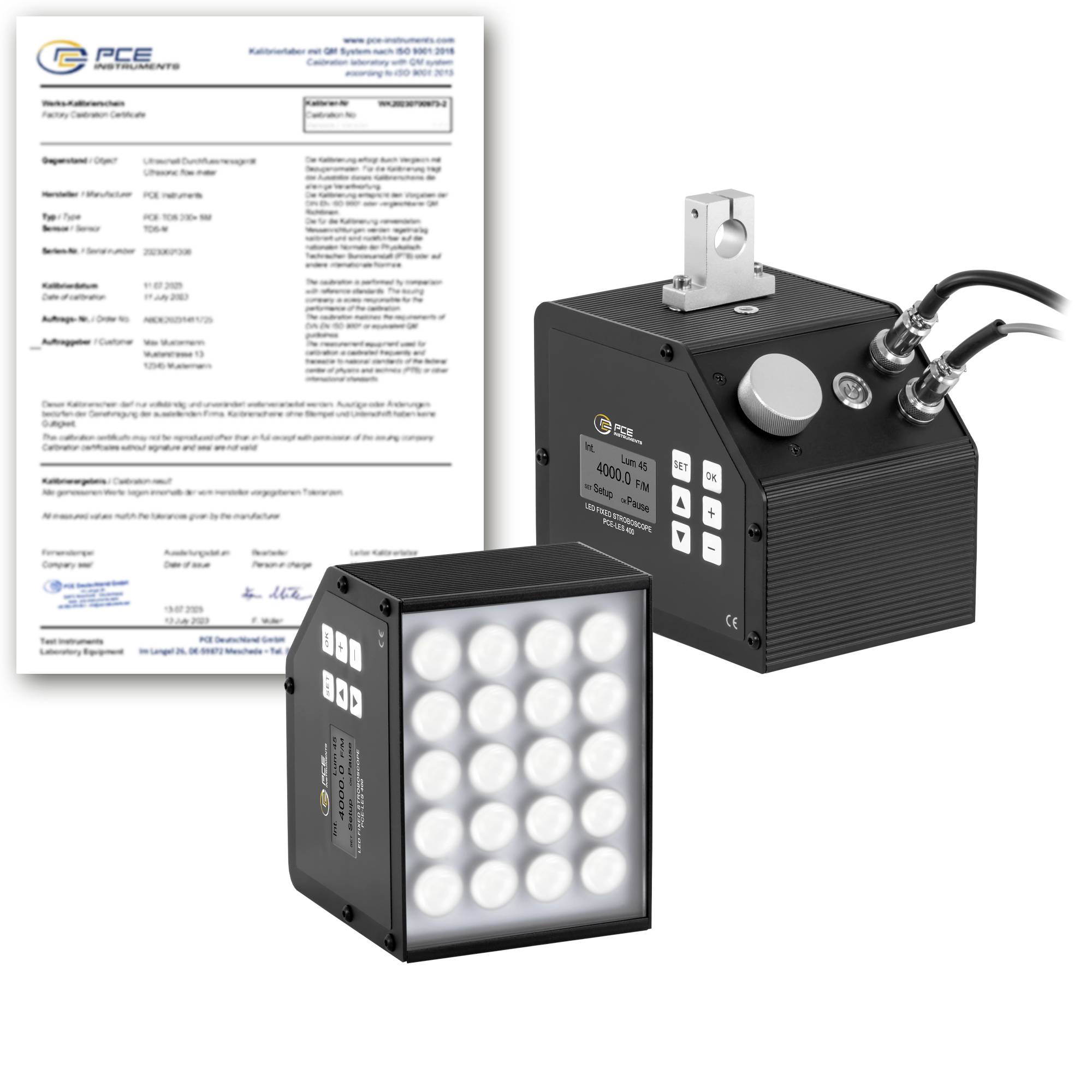 Productfoto van een PCE-lamp en kalibratieinstallatie met een certificaatdocument, een bedieningseenheid en een vierkante LED-verlichtingsarray.