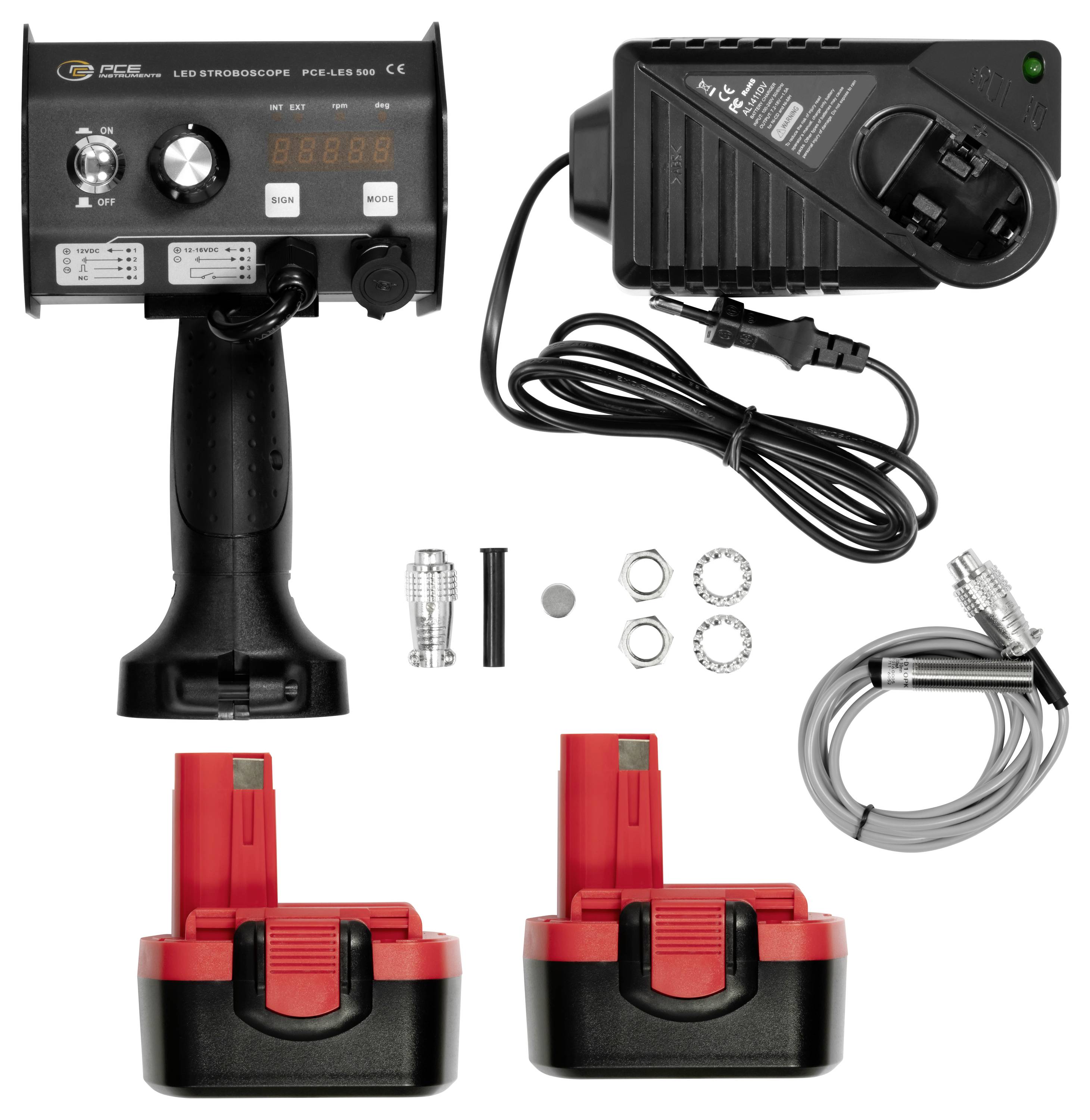 Draadloze LED-stroboscoopset met handheld-controller, lader, kabels en twee batterijpakken getoond met bevestigingsmateriaal.