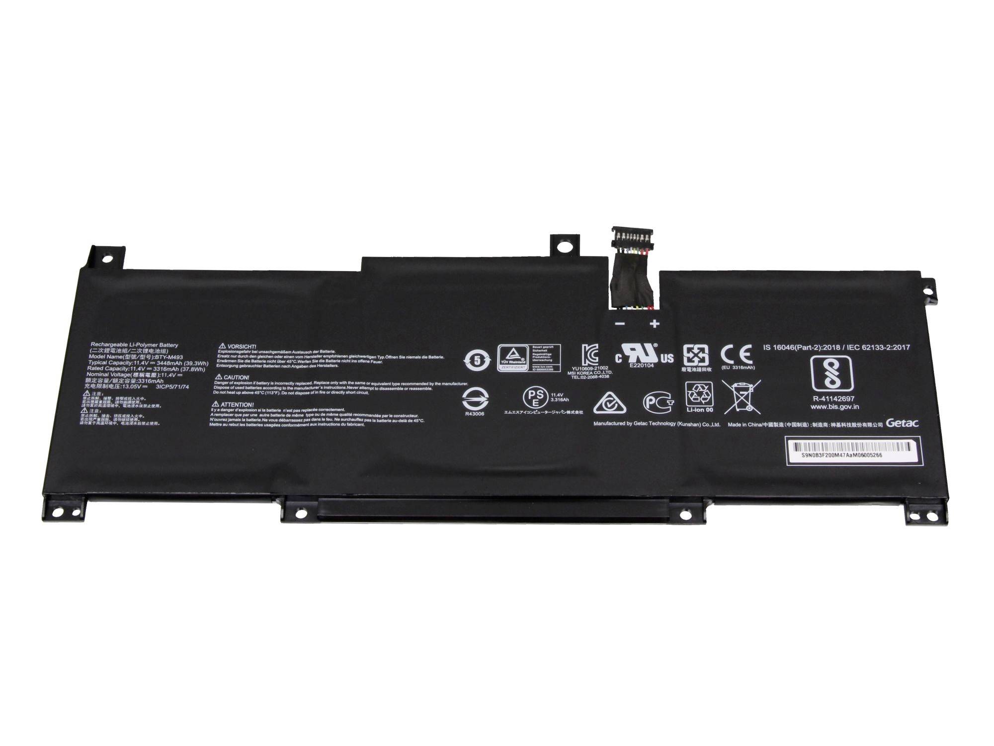 Zwarte rechthoekige laptop batterijpack met connector en gedrukte veiligheidslabels op een witte achtergrond.