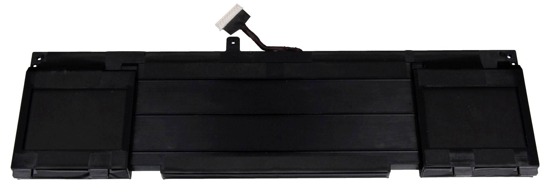 Zwart rechthoekig kantoormachine tonercartridge met een wit label bovenop, geïsoleerd op een witte achtergrond weergegeven.