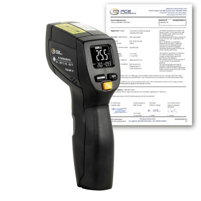 Zwarte infraroodthermometer met een weergave van 25,5°C, met een kalibratiecertificaat achter zich zichtbaar.