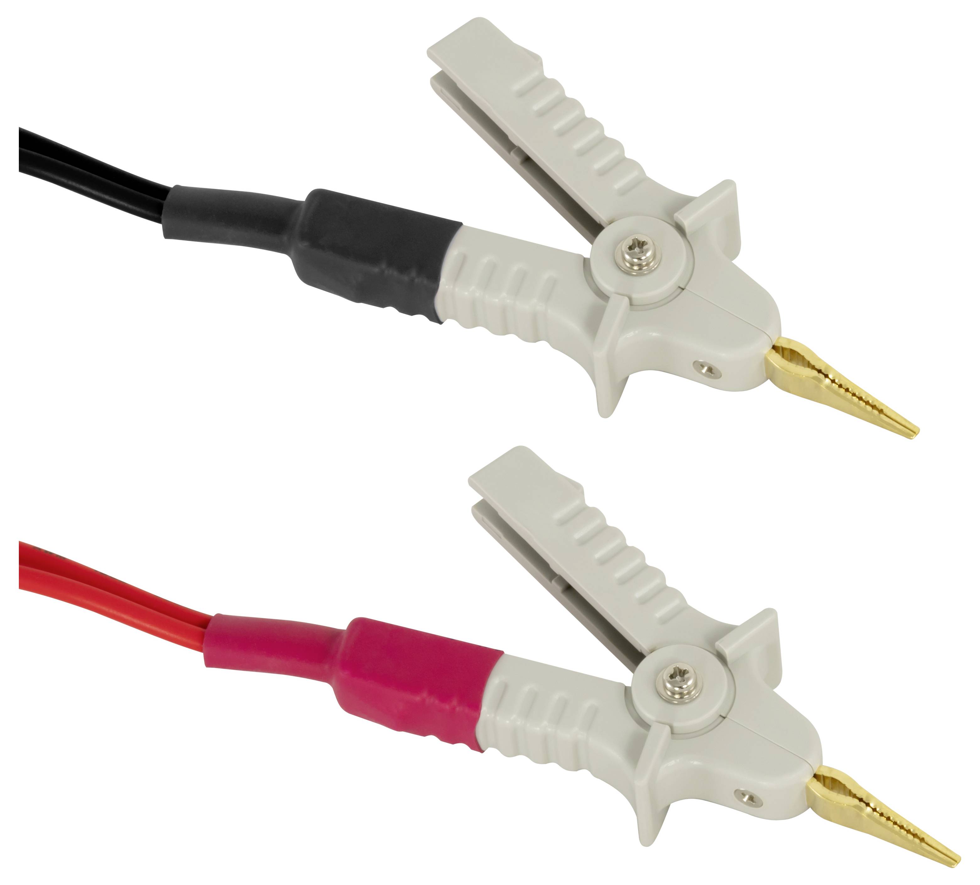 Twee geïsoleerde krokodillenbekken, één zwart en één rood, weergegeven met goudkleurige bekpunten voor elektrisch testen of aansluitingen.