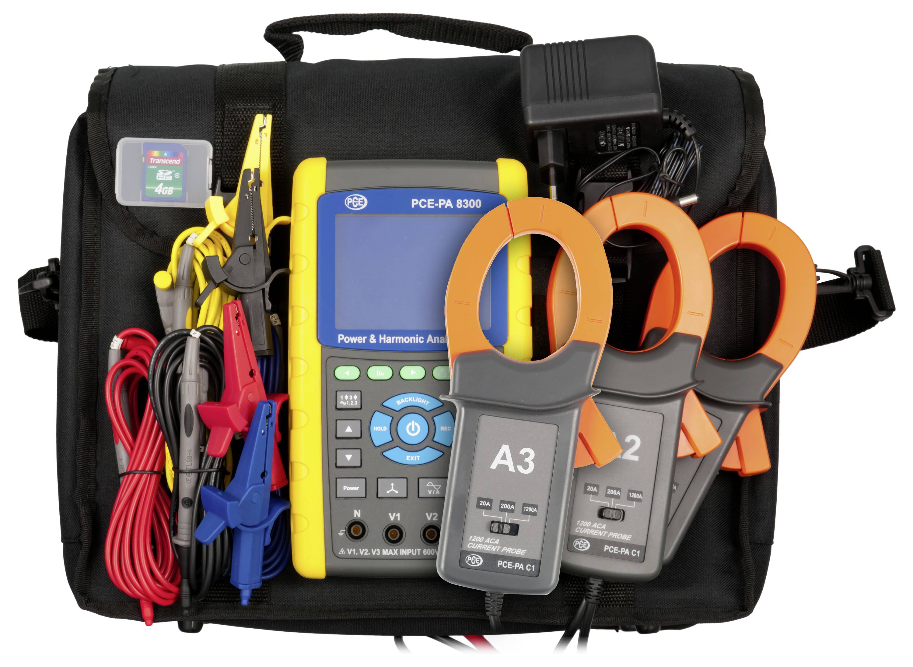Draagbare stroomanalyzer-kit in een zwarte draagtas, inclusief testdraden, klemmen, een geel handheld-meetapparaat en drie klemmsensoren gelabeld A3, 2 en 3.