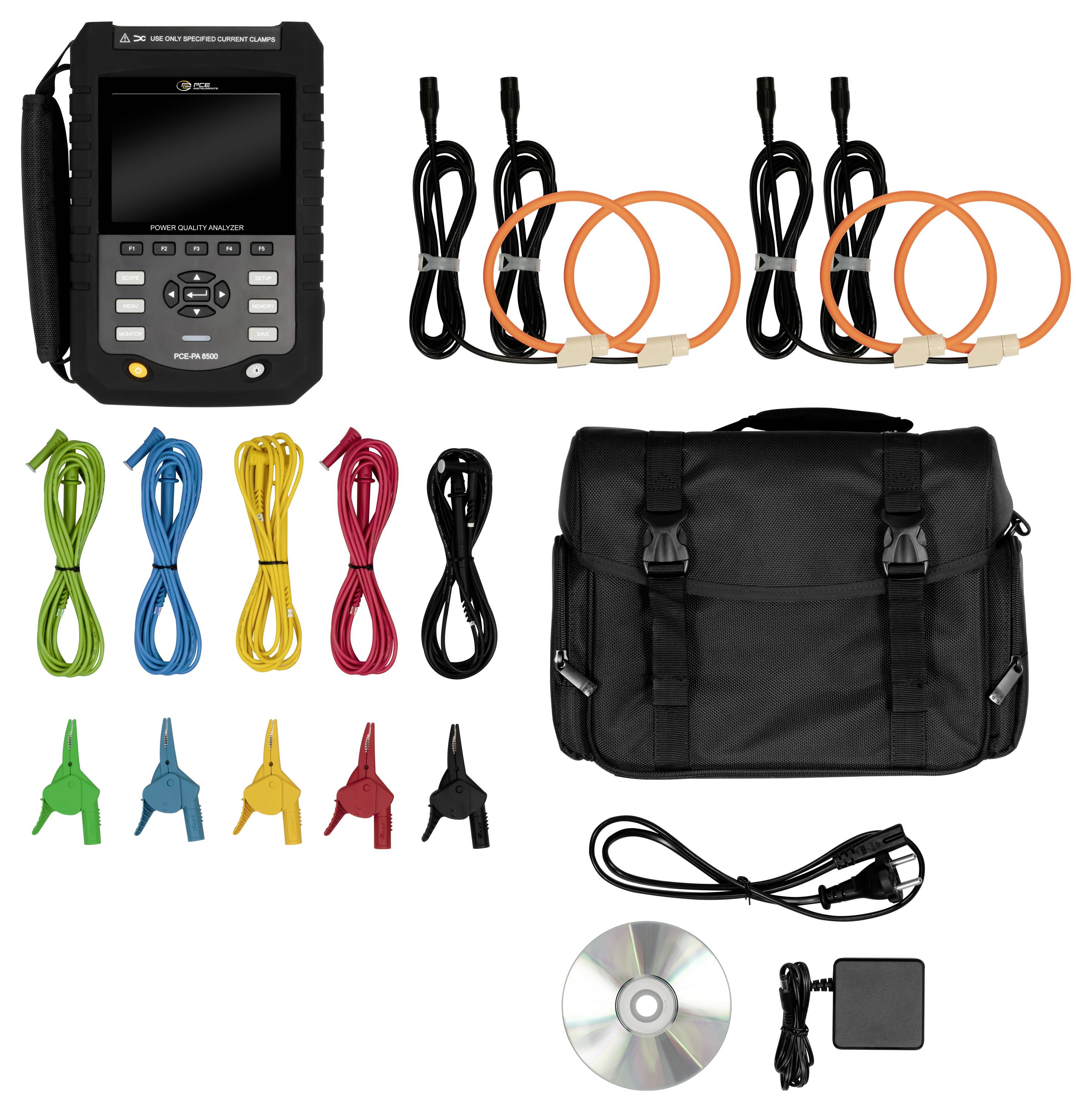 Diagnostische voertuigscankist met draagbare tester, meerdere gekleurde OBD-kabels en klemmen, draagtas, software-cd, voedingsadapter en USB-kabel.