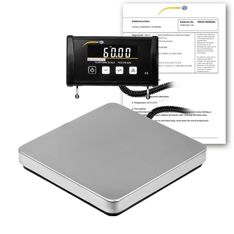 Digitaal platformweegschaal met afzonderlijk display dat 6.000 aangeeft, met een kalibratiecertificaat erachter.