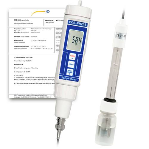 Digitale grondsoorten-pH-meter en glazen sonde naast een kalibratiecertificaat, met een pH-waarde van 5,84.