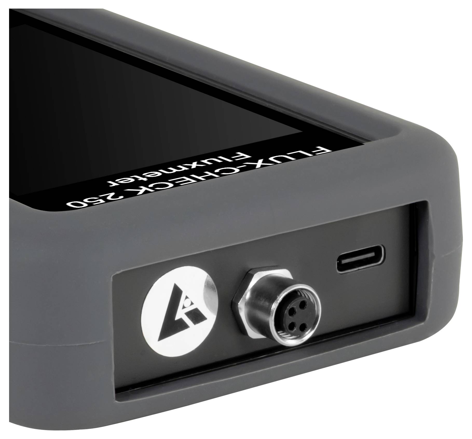 Close-up van een grijs FLUX-CHECK 250-apparaat, met weergave, logo, ronde aansluitpoort en USB-C-poort op het frontpaneel.