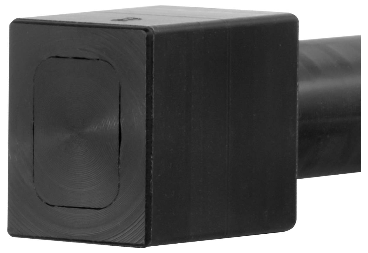 Zwart rechthoekig rubber eindkapje of bumper dat het uiteinde van een cilindrische metalen buis bedekt.
