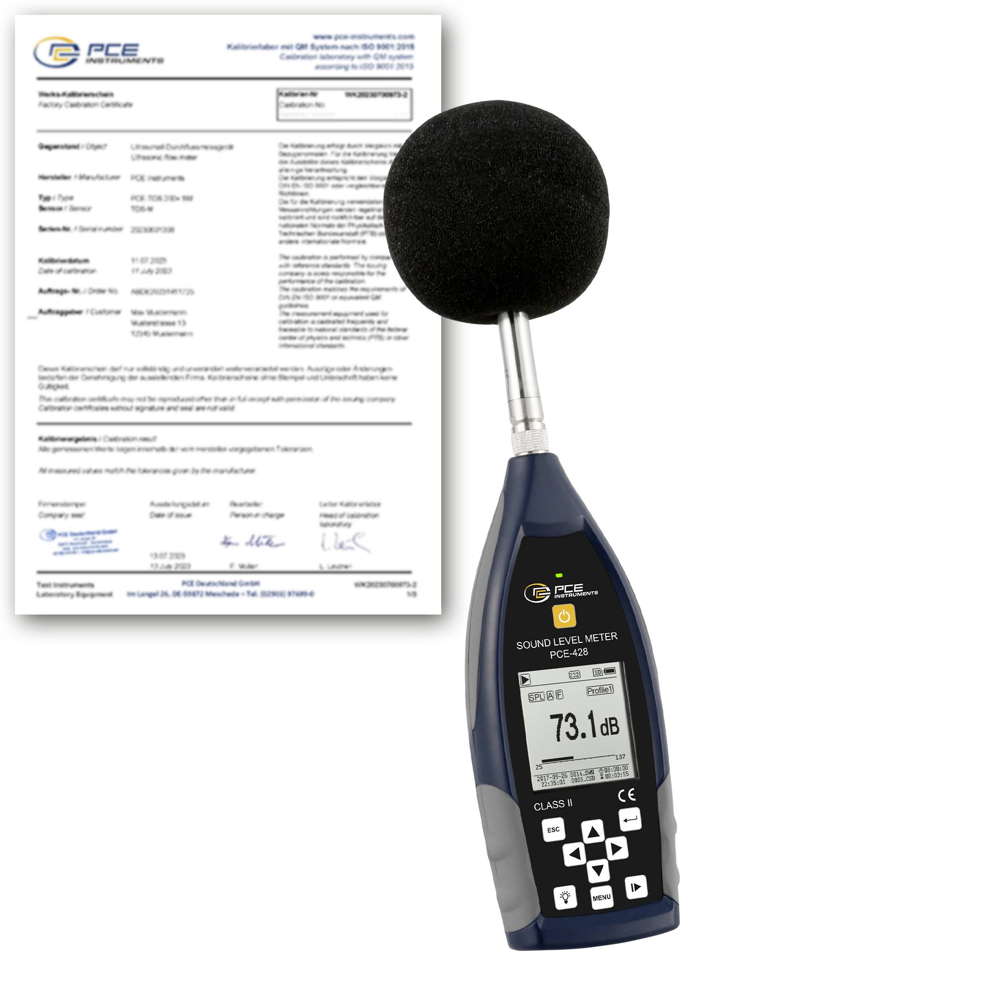 Geluidsniveaumeter met een weergave van 73,1 dB naast een kalibratiecertificaat, wat aangeeft dat het apparaat is gekalibreerd.