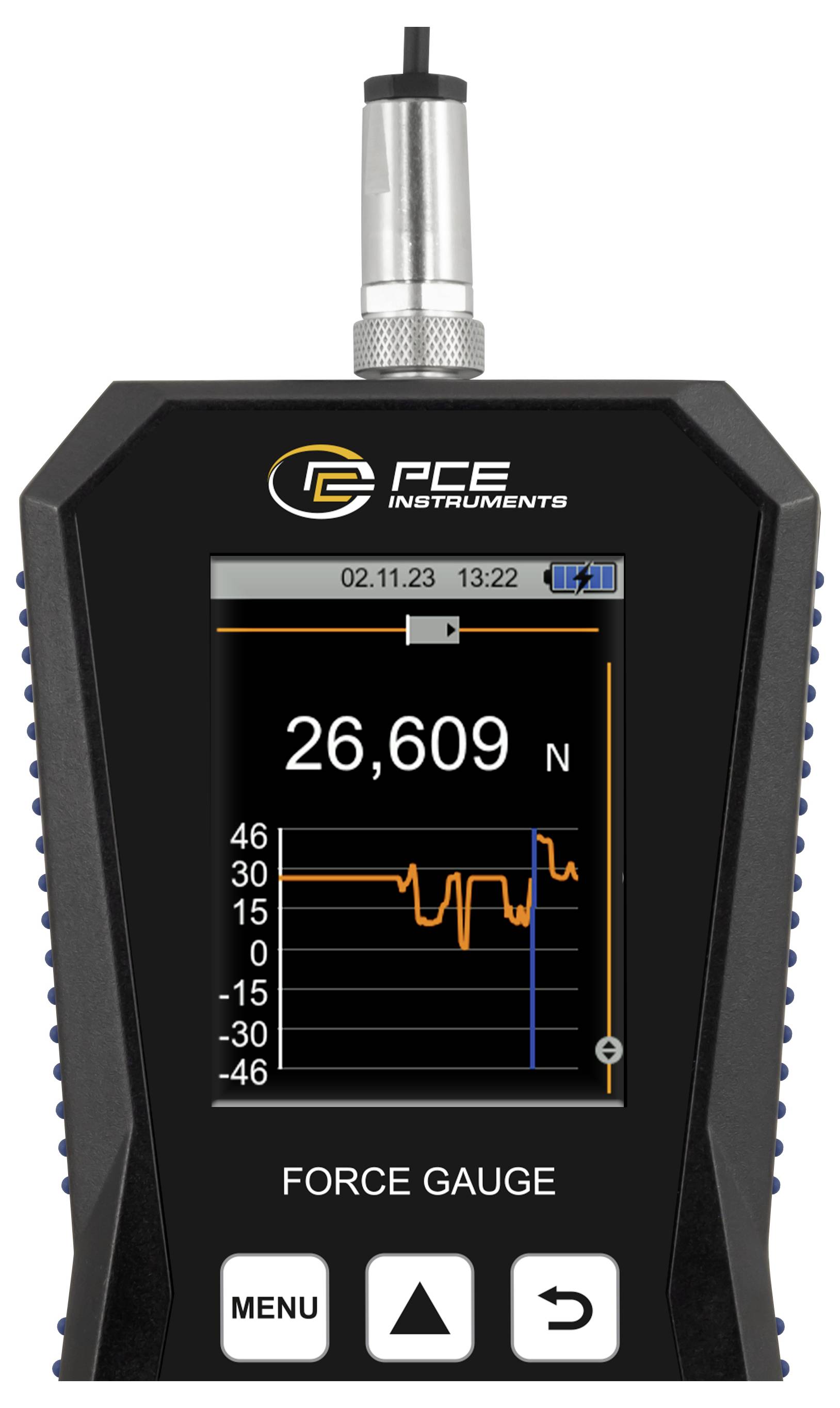 PCE Instruments kraftmeter met een live krachtmeting van 26.609 N met een grafiek en on-screen menuknoppen.