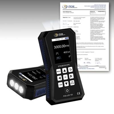 Twee PCE-LES 103 stroboscoopmeters, één rechtopstaand en één liggend, weergegeven met een kalibratiecertificaat op de achtergrond.