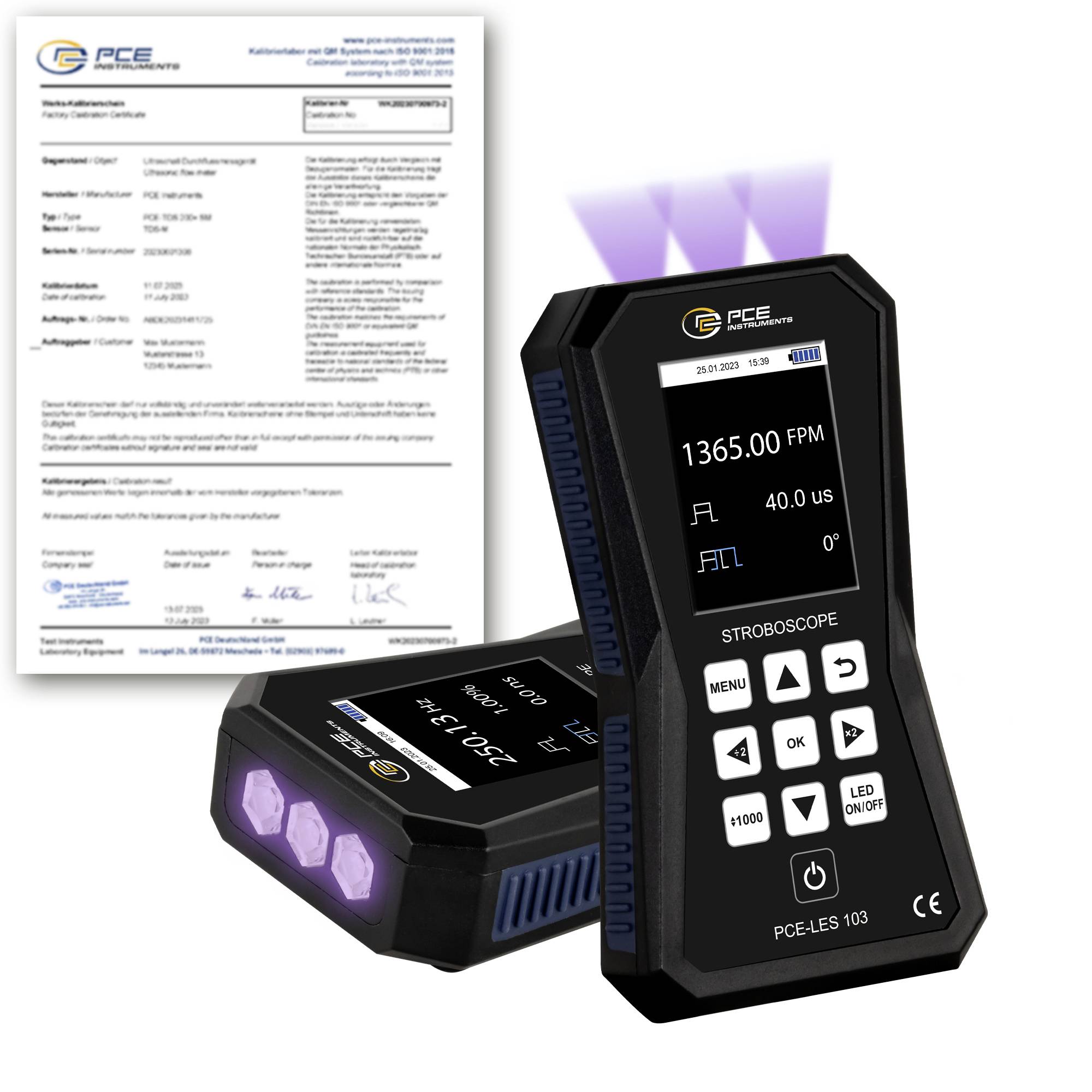 PCE-LES 103 draagbare stroboscoop geeft 1365,00 FPM en 40,0 µs weer, weergegeven met een kalibratiecertificaat en UV-LED-uitgang