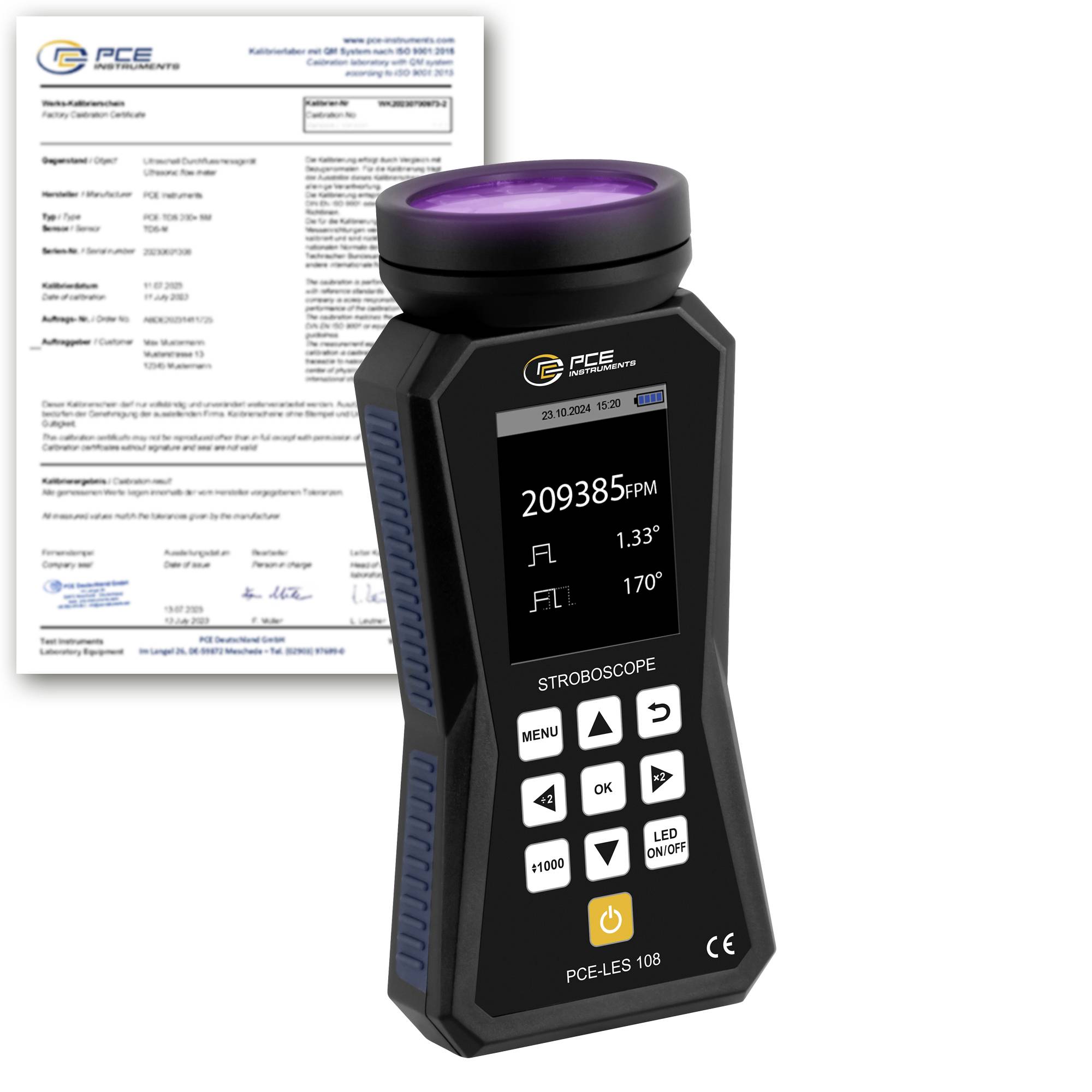 Handheld stroboscopeapparaat voor een kalibratiecertificaat, met 209385 FPM weergegeven op het display.
