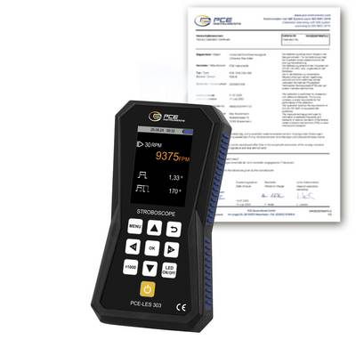 Handheld PCE-LES 303 stroboscoopmeters die 9375 TPM weergeeft, weergegeven voor een kalibratiecertificaat.