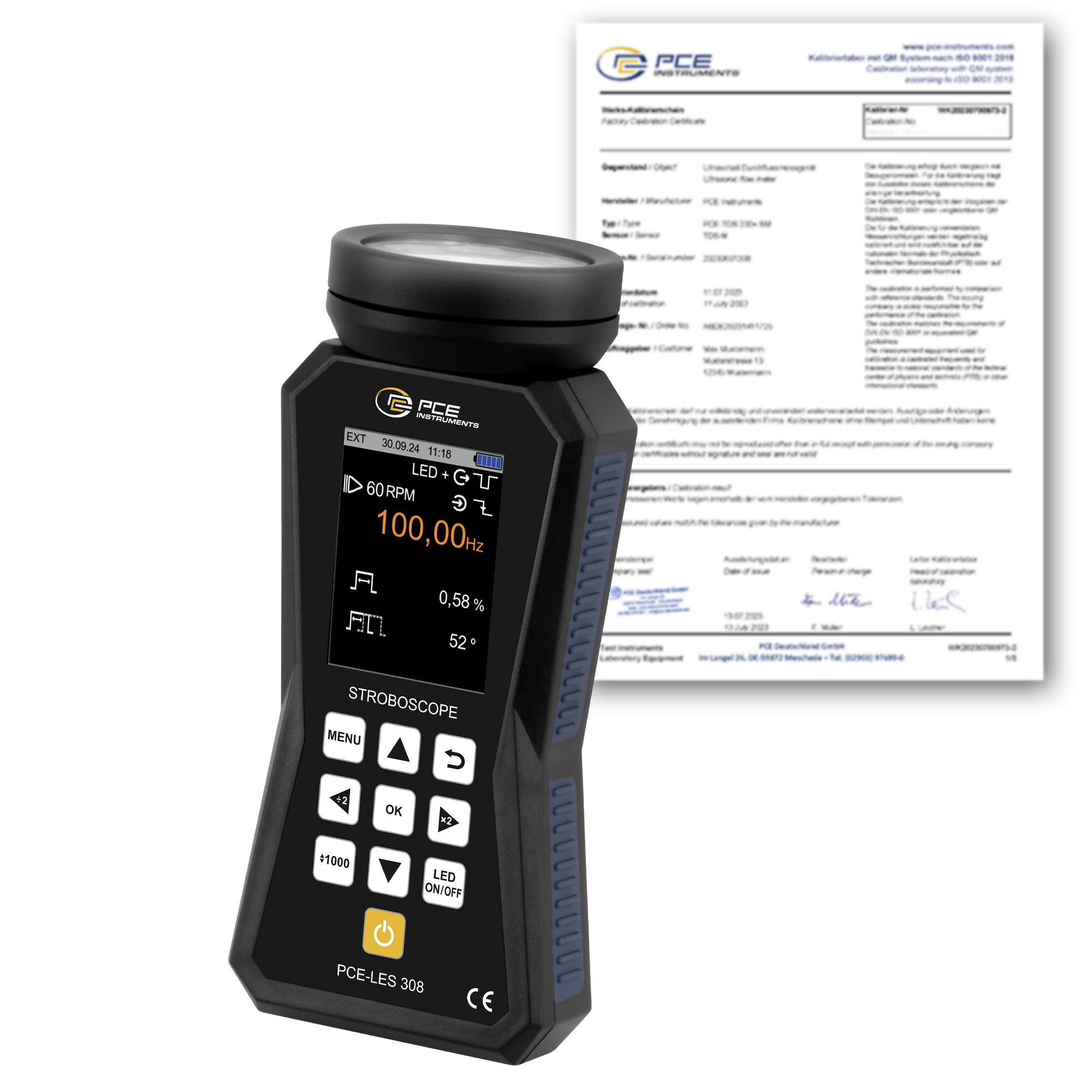 Handheld PCE-LS 308 LED-stroboscoopmeter weergegeven voor een ijkcertificaatdocument.