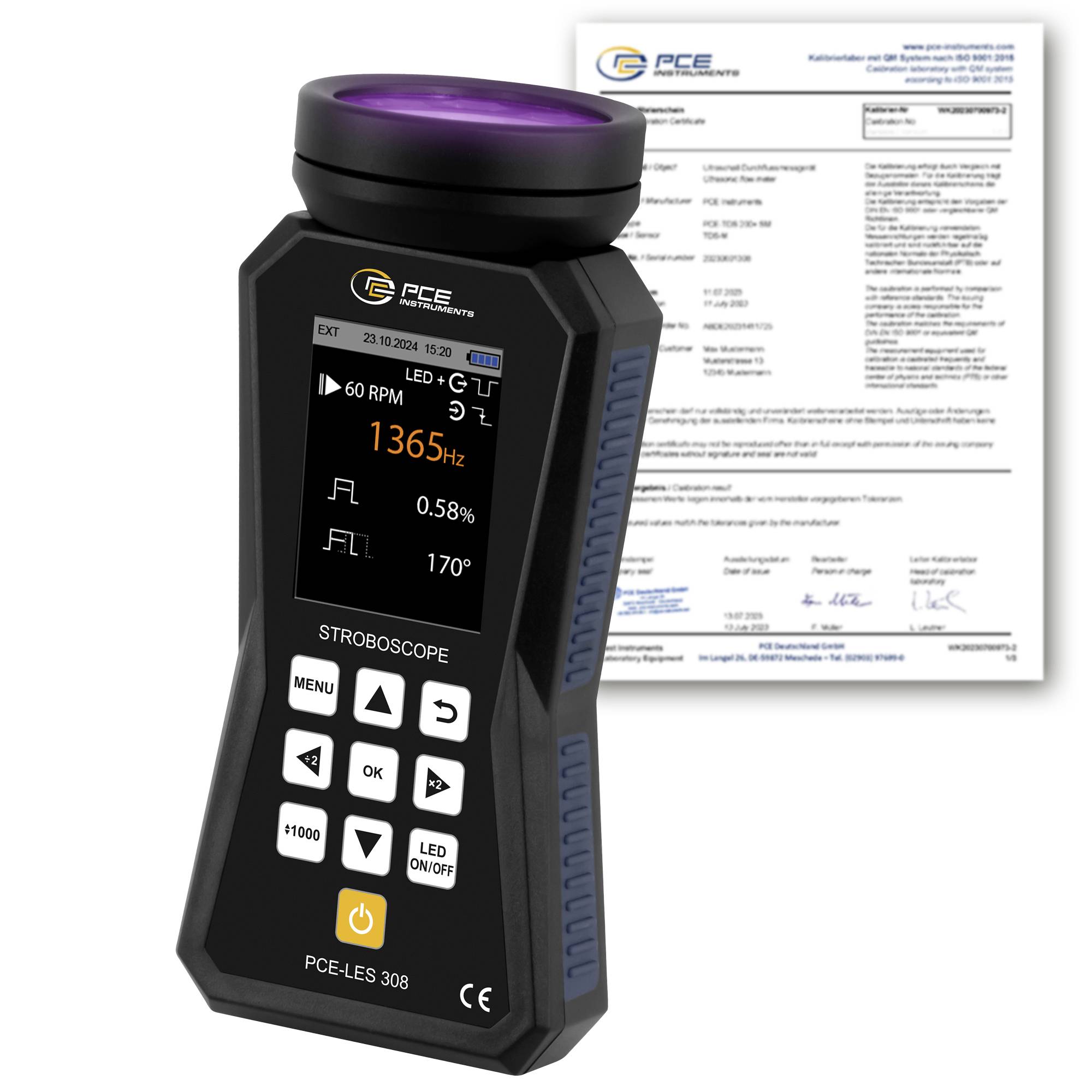 Draagbare PCE-LS 308 stroboscoop met verlicht display dat 1365 Hz toont, staande voor een kalibratiecertificaatdocument.