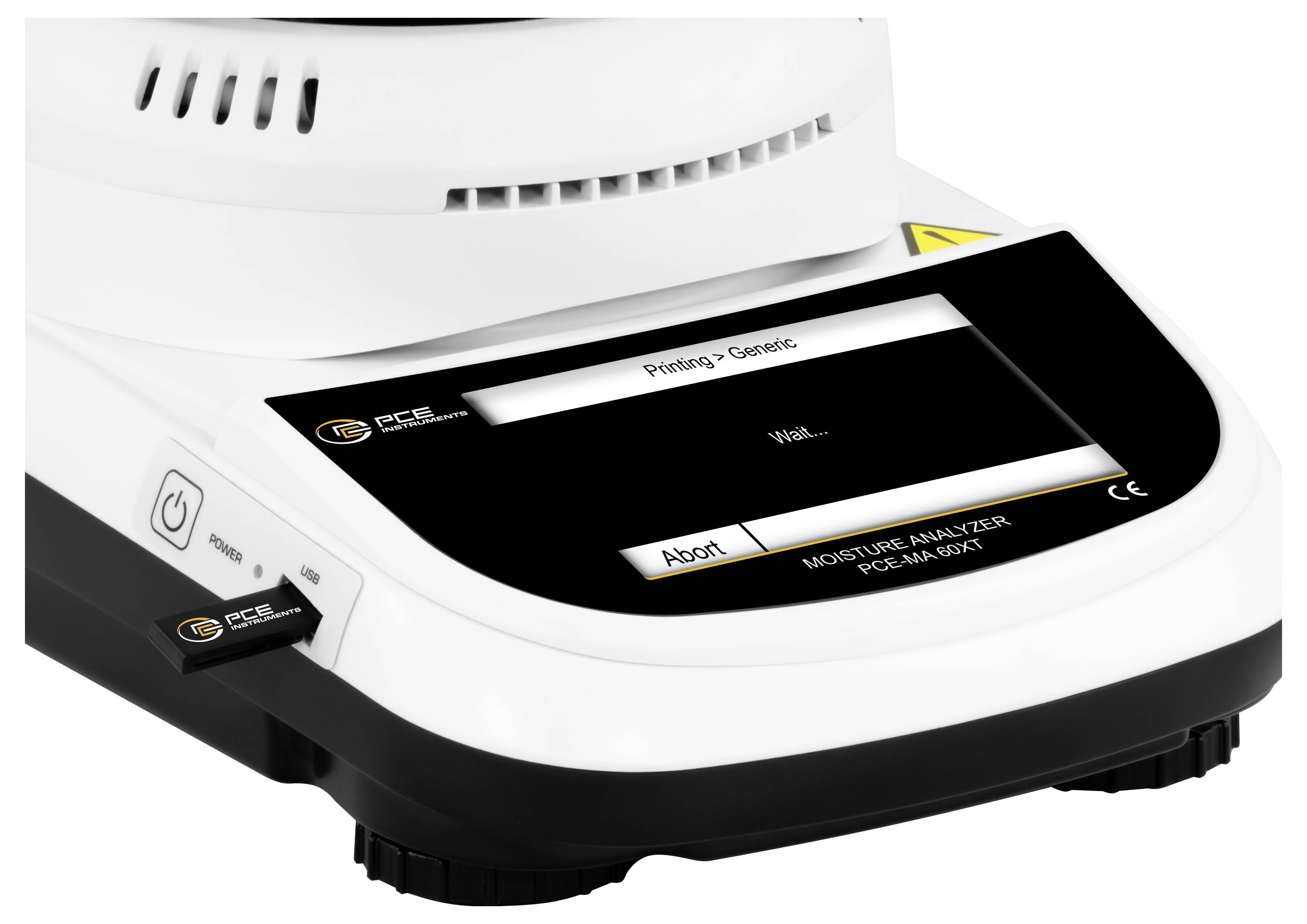 Vochtanalysator voor laboratorium met display waarop 'Afdrukken, Alstublieft...' en status 'Wachten...' worden weergegeven, plus knop 'Afbreken' en aangesloten USB-stick.